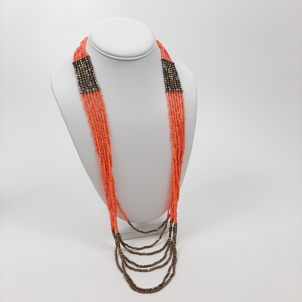 Seed Bead Multi Strand Orange and Gold Necklace